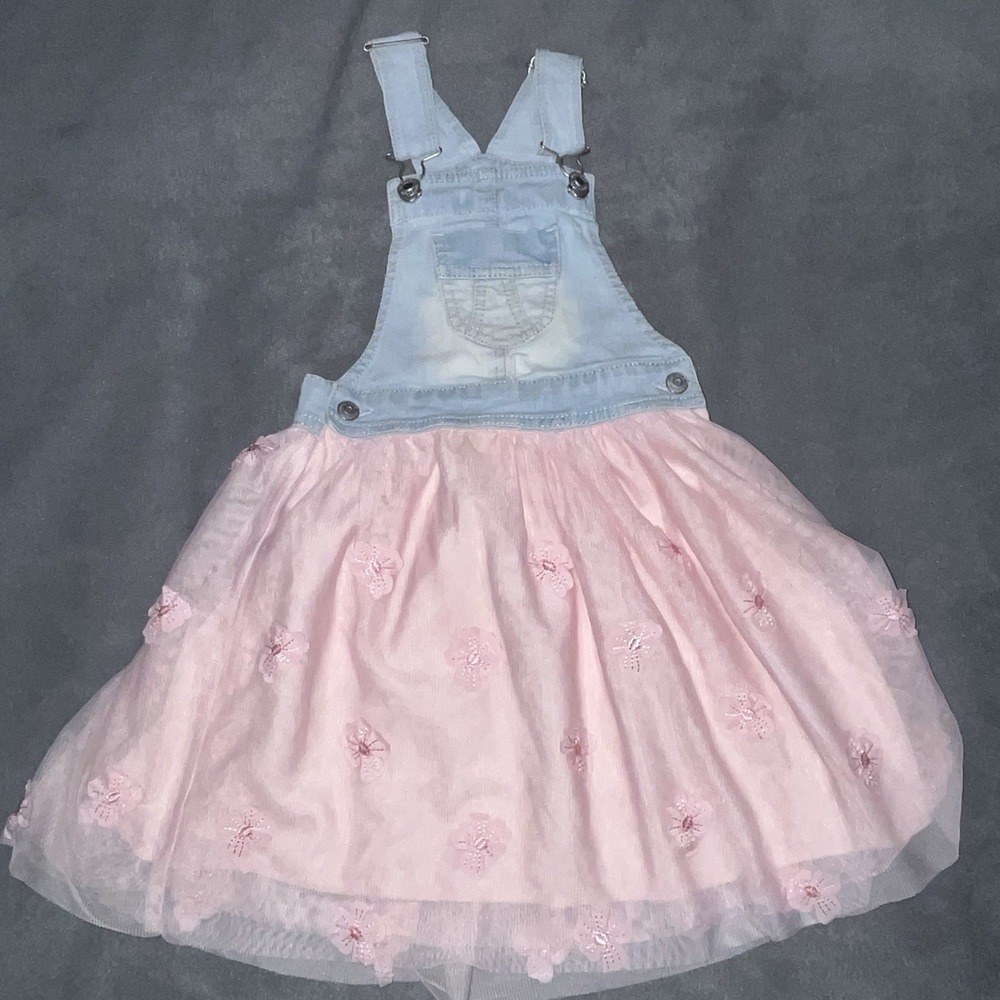 Jordache Overall Denim Dress Toddler 4/5 Pink Floral Lace Adjustable Straps